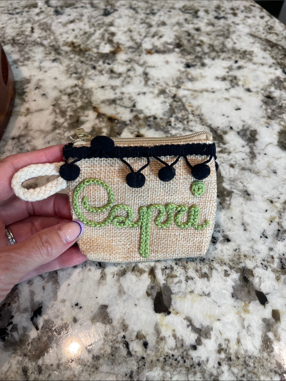 Beige Woven Capri Coin Pouch with Black Pom Trim